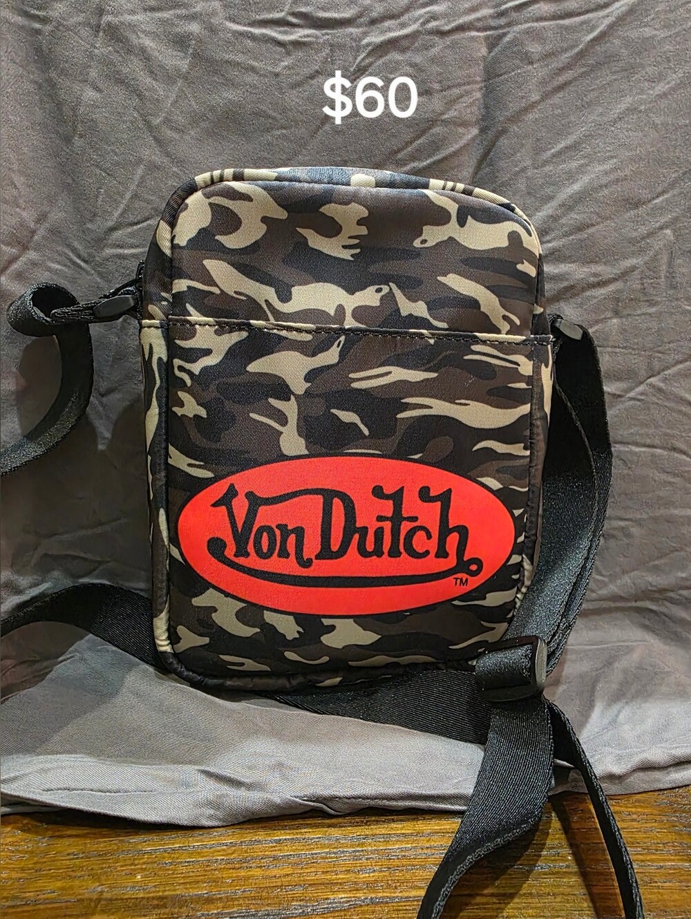 Von Dutch Black and Brown Camo Crossbody with Red Logo